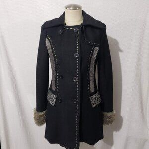 BKE Black Double Breasted Pea Coat Faux Fur S